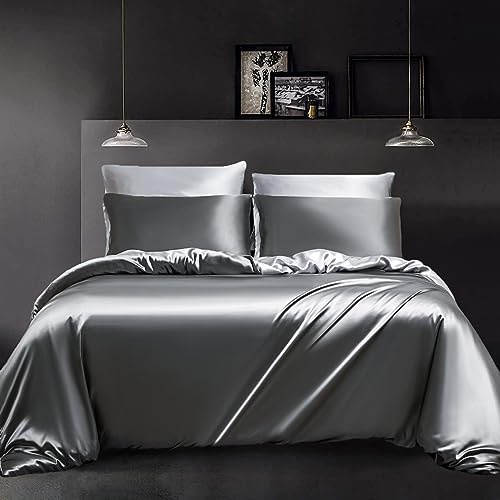 YASMENG Housse de Couette Satin 220x240 Gris Foncé Gris Clair Brillant Deluxe Parure de Lit Satin Doux Soyeux Soie Linge de Lit 2 Personne avec Fermeture Éclair et Taies d'oreiller 65x65 cm