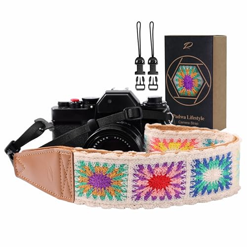 Padwa Lifestyle Kameragurt - 2“ Vollnarbenleder Kameragurte für Fotografen, Bestickt Baumwollgewebe weiches Wildleder Stoff gepolstert Riemen Schnellspanner passt alle Kameras - Gehäkeltes Weiß