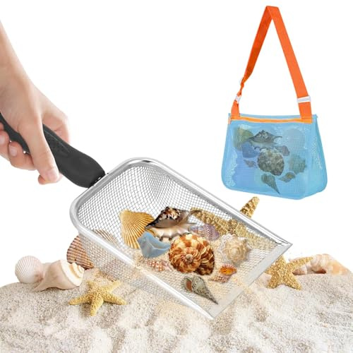 GIUSOBG Juguete de Playa para Niños, Pala de Playa Metal Malla Azul Naranja | Malla con Bolsa de Playa para Recoger Conchas, Juguete de Playa para Niños y Niñas (Azul naranja)