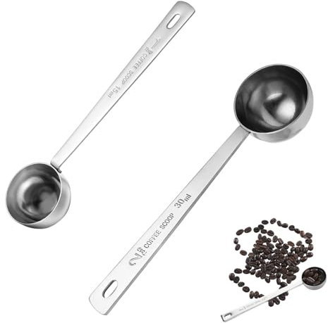 2 Cucharas de Café de 15 ml y 30 ml Cuchara Medidora de Café de Acero Inoxidable Cucharadas con Mango Largo para Café, Leche y Frutas en Polvo