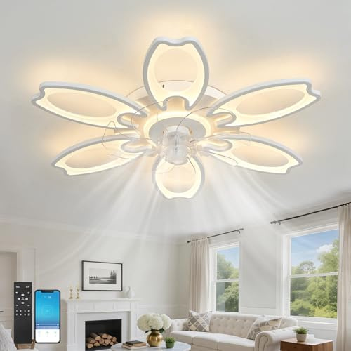 Ventilador de techo con iluminación, ventilador de techo inteligente con luz, lámpara de copo de nieve y aplicación de control remoto, compatible con Alexa Google Home