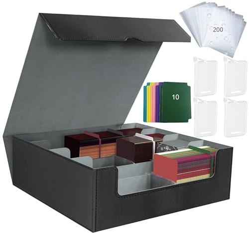 SusggO Pack Caja de Cartas y 200 Fundas para Cartas, Premium Deck Case Deck Box para +3000 cartas, 4 Bloqueadores,10 Divisores- 4 Filas. Caja de Mazo (GSV)