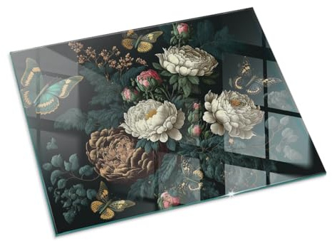 Kaminbodenplatte für Kaminofen 80x60 cm Hitzeschutz Elegantes Design Glasboden Rechteckige Schutzplatte Stilvollem Motiv Hartglas Dekorative Glasbodenplatte - Blumenmuster mit Schmetterlingen