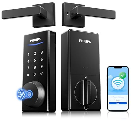 Philips Wi-Fi Smart Lock with Handles, WiFi Keyless Entry Front Door Lock Set, Keypad Deadbolt with Handle App Fingerprint Code Unlocking, Auto Locking, Built-in WiFi, Remote Control & Voice Unlock