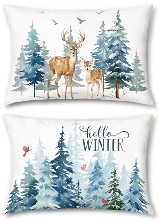 Bonhause 2er Set Kissenbezüge Winter 30 x 50 cm Weihnachten Kiefern Wald Rentier Samt Soft Dekorative Kissenhülle für Sofa Schlafzimmer Wohnzimmer Feiertag Dekoration