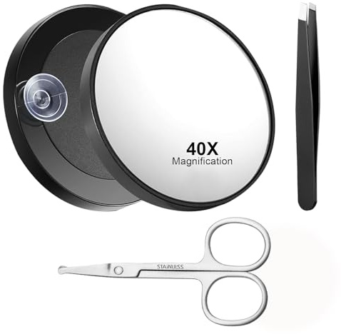 40x Magnifying Mirror with Suction Cups and Tweezers Scissors Set, Travel Magnifying Mirror for Makeup, 40x Cosmetic Mirroring with Strong Magnification for Precise Makeup and Eyebrow Plucking 8.8 cm