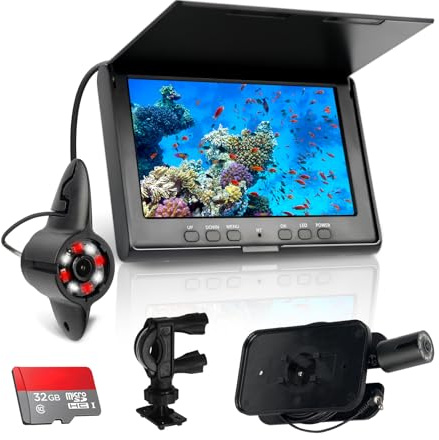 Avutrel Caméra sous-Marine pour Pêche 7 Pouces HD 720p - 4 LED Infrarouges Nuit, Grand Angle 110°, IP68, Câble 20m, Idéale Pêche sur Glace/Nuit, Carte 32 Go Incluse