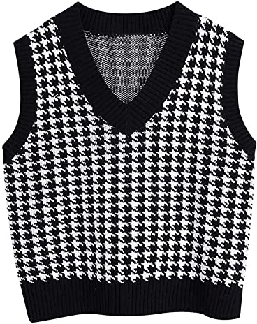 Argyle Sweater Women Sweater Vest Women Casual V Neck Houndstooth Knit Sweaters Sleeveless Autumn Aesthetic Checkered Work Vests Black XXXL