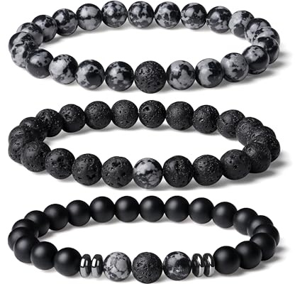Sahoottie 3-4 Stücke Armband Herren Naturstein Perlenarmbänder Herren 8mm Tigerauge Armband Schwarzer Lavastein Perlenarmband Set Stretch Armbänder Männer Geburtstagsgeschenk für Männer