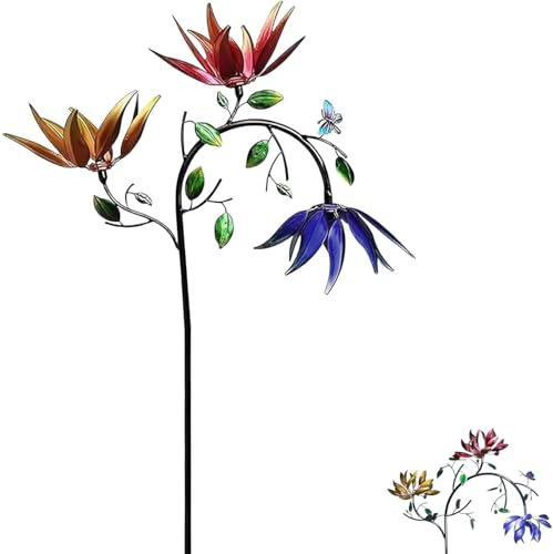 Moulin à vent en métal multicolore en forme de papillon et de fleur, décoration d'extérieur pour jardin, cour, piquet en métal résistant aux intempéries avec motif papillon et fleur pour décoration de