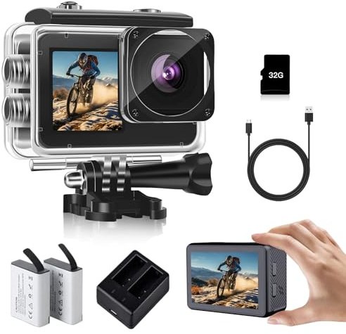 fceoul Cámara Deportiva 1080P FHD 16MP, Cámara Acuática con Doble Pantalla de 2 y 1.3, Sumergible 40M para Vlogging y Buceo, Incluye Tarjeta SD 32GB, 2 Baterías de 1050mAh y Accesorios（Negro）