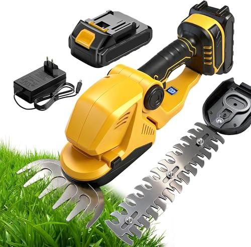 KingSom Akku Grasschere und Strauchschere, 21V 2000mAh Akku Heckenschere mit Ladegerät, Akkuanzeige, Winkel Einstellbar Strauchschere Elektrisch mit 2 Schneidmesser, 23 cm (Strauch) / 13.5 cm (Gras)