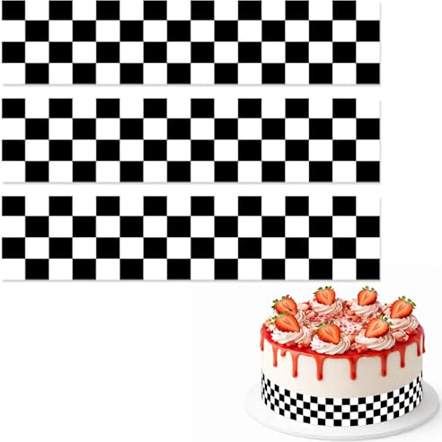 3pcs Bordures Comestibles à Damier pour Gâteau, 28x6,2cm Noir et Blanc | Thème Course Automobile Bordure Comestible pour Emballage de Gâteau for Anniversaire Soirée à Thème Course Automobile