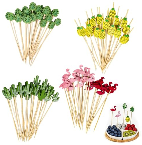 Iirlvior 100 spiedini per frutta usa e getta, 12 cm, in bambù, con 5 motivi, fenicottero, monstera, ananas, cactus, spiedini in legno per fingerfood frutta, bevande, cocktail sticks