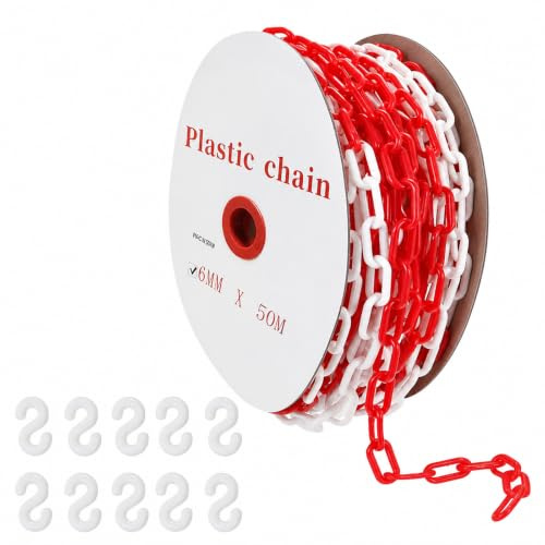 Cadena de seguridad de plástico rojo y blanco, 6 mm x 50 m, cadena de advertencia, cadena de plástico con 10 ganchos en S, cadenas de barrera para obras, aparcamientos, colas y mantenimiento de