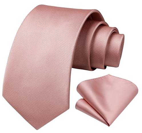 HISDERN Mens Ties Pink Ties for Men Formal Necktie with Pocket Square Set Satin Silk Dusty Rose Gold Neck Tie Set Classic Blush Tie Handkerchiefs for Wedding