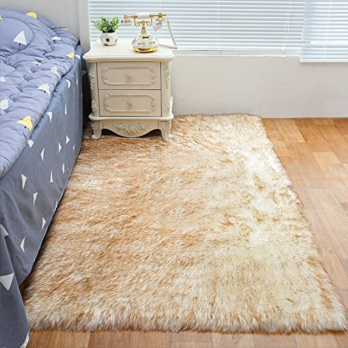 ZFHTAO Alfombra Sheepskin Rug Artificial Piel de Oveja Artificial Lujosa Suave Lana Alfombra Lavable Oveja Piel Sintética de Grande Hogar Alfombras De Área Niño Dormitorio - Cafe Blanco 70x80cm