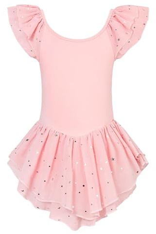 Idgreatim 6-7T Girls Ballet Leotard Pink Flutter Sleeve Tutu Dress with Chiffon Skirt Glittle Dance Outfit Clothes Pink