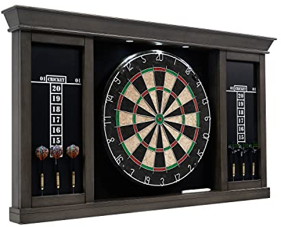 Barrington Palmer Wood Dartboard LED Display Cabinet with 18-Inch Bristle Dartboard and Steel Tip Dart Set Perfect for Cricket Games