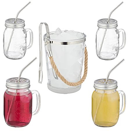 Relaxdays Bicchieri con Cannuccia 4, 500 ml, con Manico, con Coperchio, Secchiello per Il Ghiaccio, Trasparenti, Set da 4X