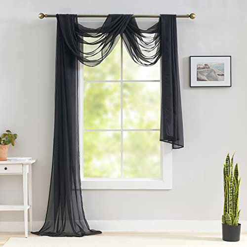 Luvyohmee Schwarzer transparenter Schal für Fenster – 368 cm Girlande, Fenstervolants, Stoff zum Drapieren, Betthimmel, 132 x 378 cm (B x L)