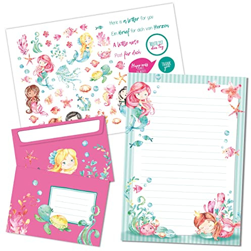 Papierdrachen brevblock set – 50 färgglada tryckta brev – brevpapper med klistermärkesark – 20 tryckta kuvert – presentidé för barn – sjöjungfru – set 1