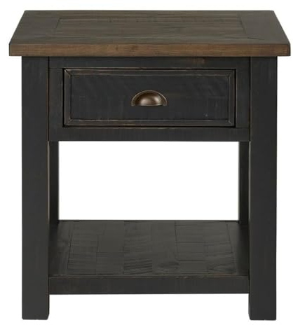 BOWERY HILL Farmhouse Solid Wood End Table, 24 W x 24 D x 24 H, Black Base with Brown Top, 1 Drawer and Shelf, Antique Pewter Hardware, Coastal Style Living Room Accent Table, Durable Pine