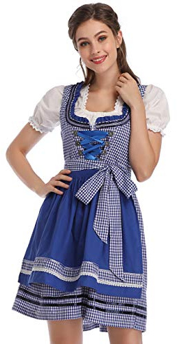 KOJOOIN Women Traditional Dirndl Oktoberfest Costume 3 Pieces Fancy Midi Skirt - Dress, Blouse, Apron Checkered Blue UK L