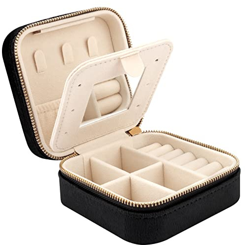 Casiwaft Kleines Reise Schmuckkästchen Samt mit Spiegel, Kleine Schmuckkästchen Organizer für Mädchen Frauen, Mini Schmuck Organizer Aufbewahrung für Ringe Ohrringe Halskette Armbänder, Schwarz