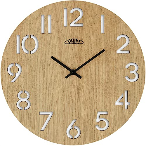 PRIM Authentic Veneer 38cm Wanduhr Holz Made in EU, Wanduhr modern aus Dunklem Holz, Ausgeschnitzte Ziffern, präzises Quarz-Uhrwerk Sweep, für die Küche, Büro oder Wohnzimmer