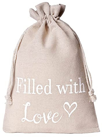 3 Geschenksäckchen - Leinensäckchen mit Text, Geburtstag, Hochzeit, Weihnachten, Geschenkverpackung für viele Anlässe - 30x20 cm - (Filled with love)