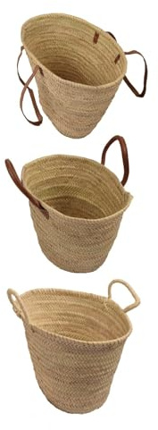 JARDIN202 - Bolso de Mimbre - Cesta de la Compra con Asas - Capazo fibras naturales | 50 x 33 x 33 cm (Asas de cuero largas)