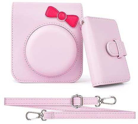 HIYQIN Housse de Protection Compatible avec Fuji Instax Mini 12, Adorable Housse d'Appareil Photo en Cuir PU, étui Instax 12 avec Bandoulière et Mini Album Photo (Rose Pêche)
