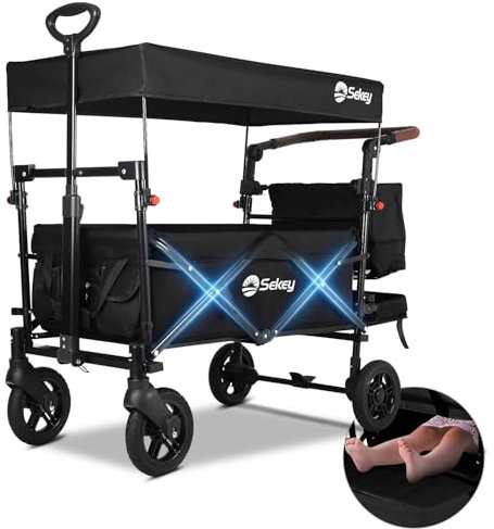 Sekey Bollerwagen Faltbar mit Dach 2 Kinder 150KG, Faltbarer Bollerwagen Handwagen Schiebegriff, Kinderwagen Stoßfest PU Räder mit Bremsen 110L, SS5050, Schwarz