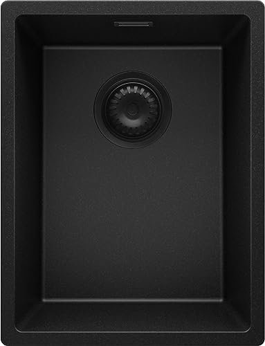 PRIMAGRAN Unterbauspüle Granit Alles Schwarz 36x47cm, Spülbecken 1 Becken + Ablauf-Set, Granitspüle ab 40er Unterschrank - London S058