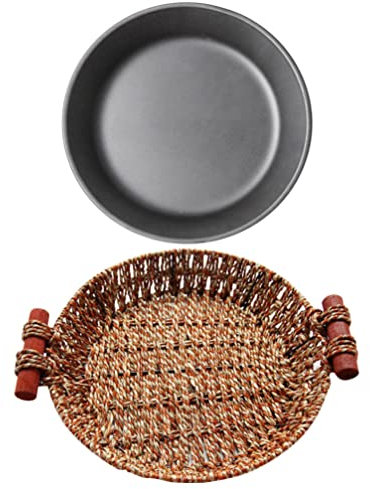 Outdoor Griddle Cast Iron Set Circle Tray 1 Set Iron Steak Plate Kitchen Round Steak Serving Dish with Rattan Basket Stovetop Griddle Cast Iron Grill Pan Round Tray ( Color : Black , Size : 34X32X4CM