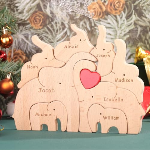 Drawelry Personnalisé Éléphant Puzzle en Bois avec 2 à 8 Noms de Famille Elephant Wood Puzzle Sculpture Animale Statue Maison Décoration pour Mama Papa Enfants Bébé Anniversaire Noël Cadeaux (E8)