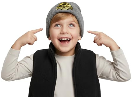 ONOMATO! Jurassic World Mütze für Jungen, Beanie Dino Grau, Einheitsgröße, Warme Wintermütze für Kinder, Strickmütze mit Dinosaurier Logo, Geschenk für Jungen & Mädchen
