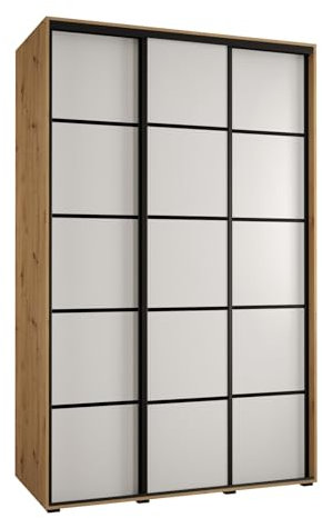 MEBLE KRYSPOL Davos 4 150 Schrank mit DREI Schiebetüren für Schlafzimmer - Moderner Kleiderschrank mit Kleiderstange und Regalen - 235,2x150x60 cm - Artisan Weiß Schwarz