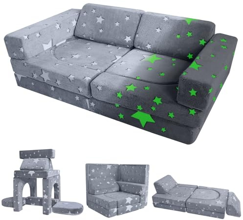 MeMoreCool 10-Piece Kids Play Sofa, Modular Glow Couch, Gery Stars | Fold Out Toddler Couch Bed, Convertible Sectional Foam Playset For Girls Boys Bedroom Playroom