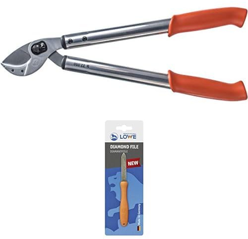 Original LÖWE Set bestehend aus Profi Amboss Astschere 22.050 mit Bypass Geometrie zum Schneiden von Sträuchen, Ästen, Zweigen und Bäumen - 50 cm & Diamantfeile 0023 für Scheren, Äxte und Werkzeuge