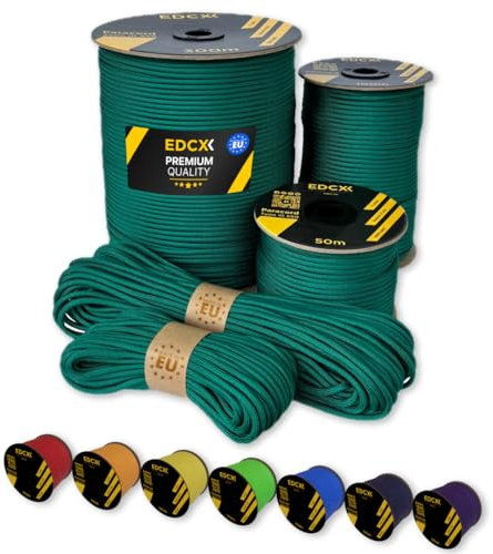 EdcX Paracord 4 mm, 35+ Volltonfarben (10 m, 15 m, 30 m, 50 m, 100 m, 300 m) | Ideal zum Basteln, Camping, Outdoor | 100% Nylonseil 4 mm| Paracord 550 Typ III (Emerald Green, 10 m)