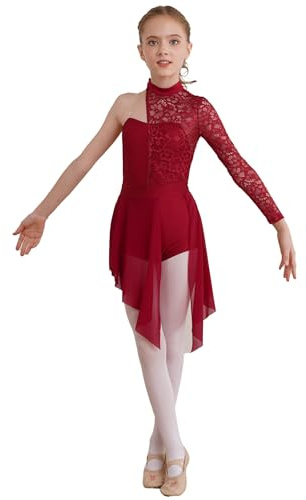 TTAO Enfant Fille Robe Ballet Danse Classique Asymétrique Une Manche Longue Justaucorps Gymnastique Dentelle Léotard Jazz Latine Robe Sport Patinage Dancewear 5-16 Ans Bourgogne D 11-12 Ans