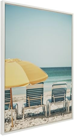 Kate and Laurel Sylvie Yellow Umbrella 2 Framed Canvas Wall Art by Alicia Bock, 28x38 White, Coastal Beach Chairs Photography Art for Wall