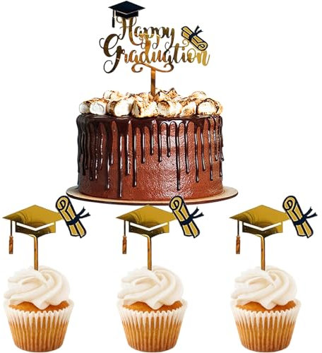 Tortendeko Graduation 2025, 4 Stück Abschluss Kuchen Deko Gold Happy Graduation Cake Topper Bachelor Hut Cupcake Topper Grad Cap Kuchentopper, Bachelor Master Doktor Abschlussfeier Deko Zubehör