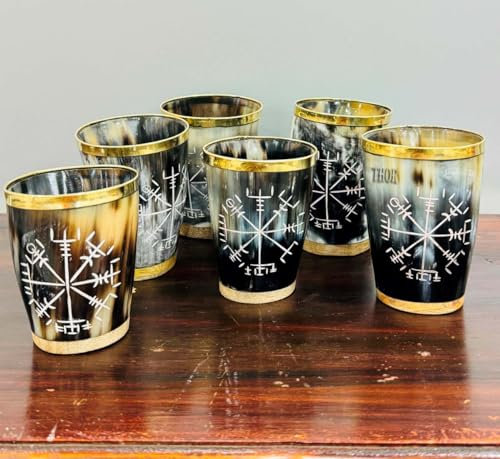 Royal Viking Drinking Horn Shot Glass Cup Brass Ring Genuine Handcrafted Viking Horn Cup Original Medieval Cup (SET OF 6)