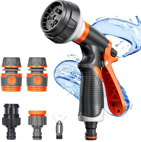 Rseuphiee Pistola Acqua Giardino, Spruzzatore Irrigazione Alta Pressione Pistola Per Innaffiare Con 8 Modalità Regolabili 4 Connettori Per Lavaggio Auto Doccia Pulizia Marciapiede E Pet Balneazione