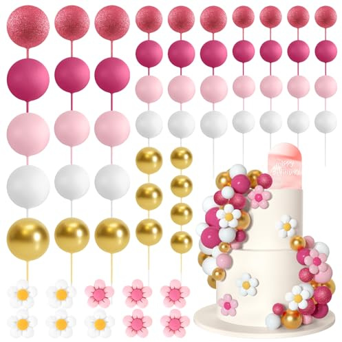 Bouiexye 61 Pcs Boho Cake Decorations Mini Balloon Retro Hippie Daisy Flower Acrylic Topper for Birthday Party Wedding Rainbow Baby Shower (Pink Gold)