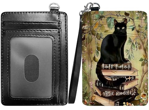 RWUTYTIUL Book Cat Slim Minimalist Wallet with Lanyard Strap, PU Leather Front Pocket Wallet RFID Blocking Credit Card Holder Card Cases with ID Window for Man Woman Boy Girl