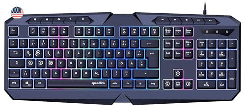 Speedlink Tastiera da gioco LUDICIUM RGB Rainbow - Tastiera da gioco RGB con cavo, layout USA QWERTY, blocco tasti Windows, interruttore WASD, 10 tasti multimediali, cablata, nera